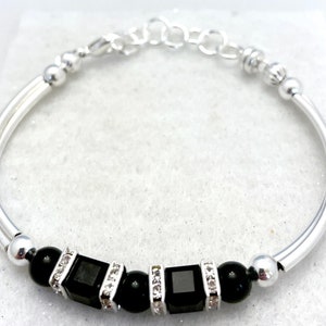 Jet black onyx European crystal silver bracelet, white, black pearls with strong magnetic closure image 3