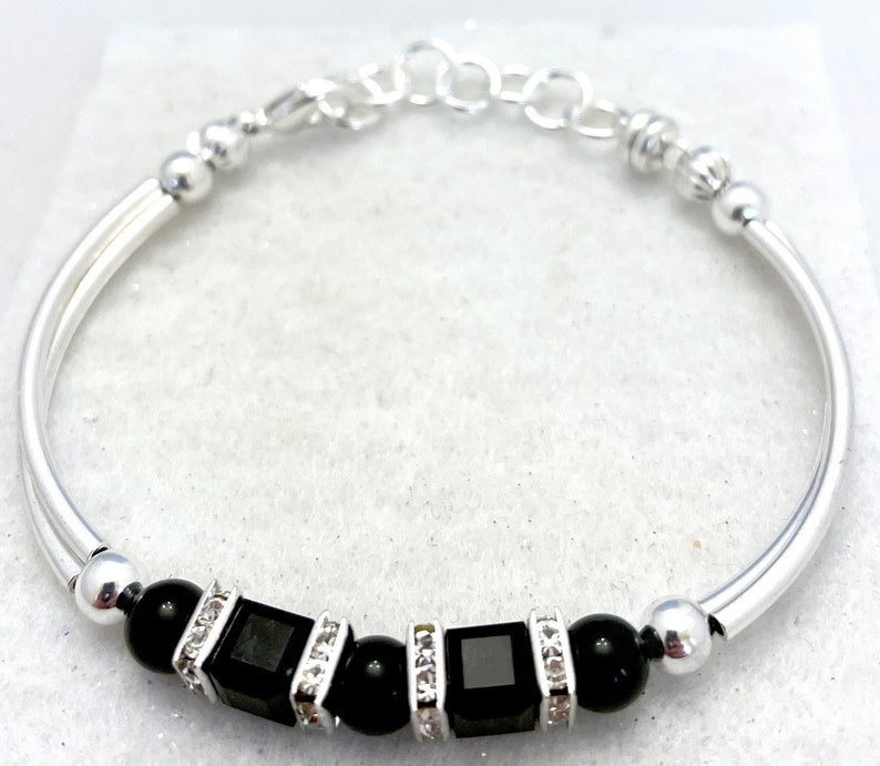 Jet black onyx European crystal silver bracelet, white, black pearls with strong magnetic closure image 3