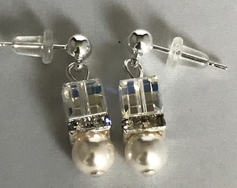 Crystal Clear AB and Pearl European Crystal Earrings by Crystal River Creations LLC