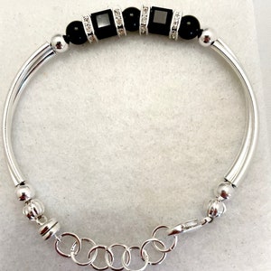 Jet black onyx European crystal silver bracelet, white, black pearls with strong magnetic closure image 4