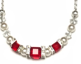 Scarlet red and Pearl European Crystal Silver Chain Necklace with Magnetic Closure by Crystal River Creations LLC