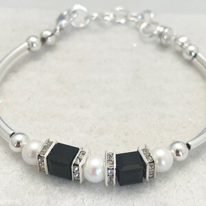 Jet black onyx European crystal silver bracelet, white, black pearls with strong magnetic closure image 1