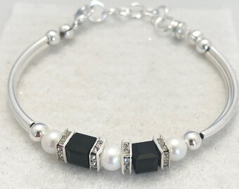 Jet black onyx European crystal silver bracelet, white, black pearls with strong magnetic closure