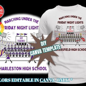 May include: White t-shirt with a graphic of a marching band under stadium lights, with the text "Marching Under The Friday Night Lights." The design includes the text "Charleston High School" and "Bakersfield High School."