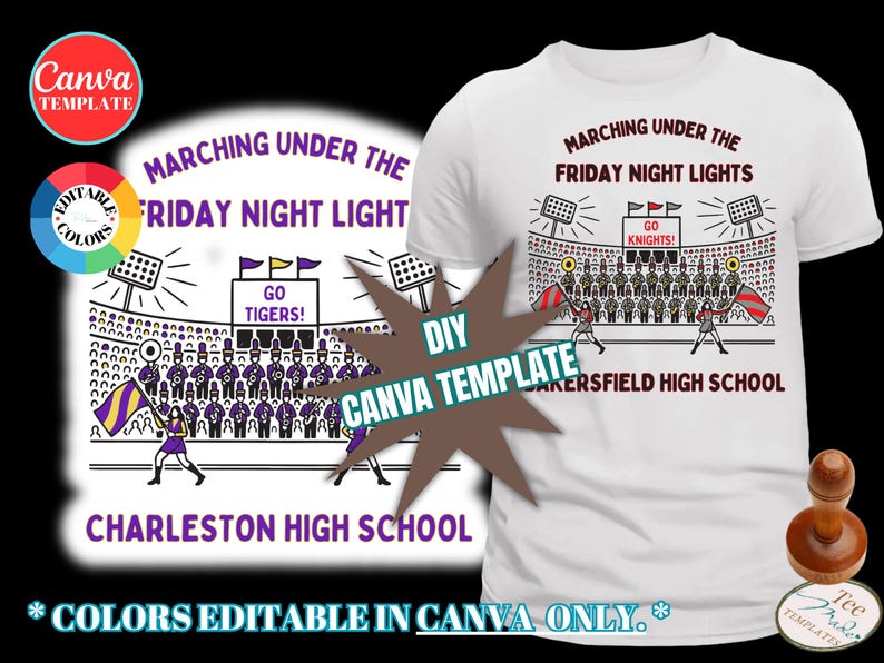 May include: White t-shirt with a graphic of a marching band under stadium lights, with the text "Marching Under The Friday Night Lights." The design includes the text "Charleston High School" and "Bakersfield High School."