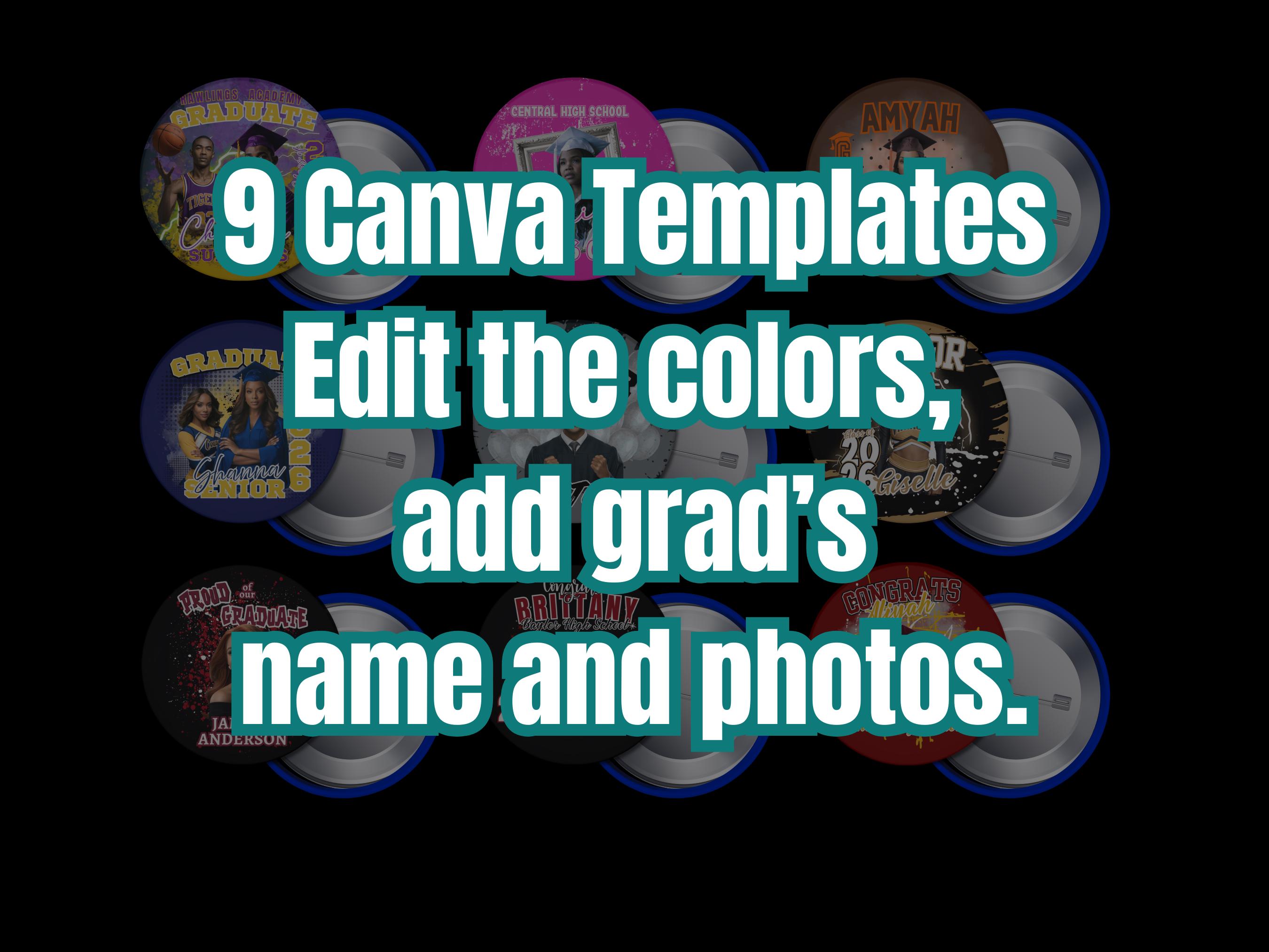 Grad Button Template Grad Button Canva Template Bundle, 9 Graduation Pin Button Templates ...
