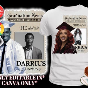 Class of 2025, Canva Graduation Shirt Template, Grad T-shirt, Newspaper Headline, Editable, Customize Tee, Sublimation Tshirt, DIY Shirt