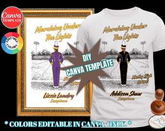 Marching Band Canva Template | Girl | Marching Under the Lights | Editable Band Mom Tee | Senior Night Band Template | School Spirit Wear