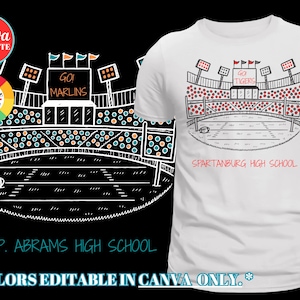 Puede incluir: Camiseta blanca con un diseño de estadio, con el texto "GO TIGERS" y "SPARTANBURG HIGH SCHOOL". La ilustración incluye un campo de fútbol y asientos. Se muestra un diseño similar para "GO MARLINS" y "J. P. ABRAMS HIGH SCHOOL".