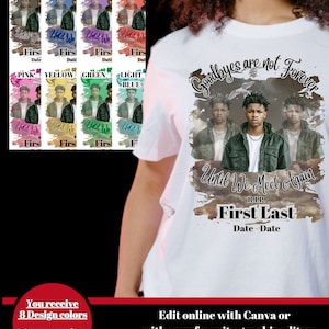 Peut inclure: Un t-shirt blanc avec un motif graphique représentant un arrière-plan aquarelle avec trois hommes en groupe. Le texte dit "Goodbyes are not Forever" et "Until We Meet Again" avec les mots "R.I.P. First Last Date-Date" en dessous. Le design est disponible en huit variations de couleurs différentes.