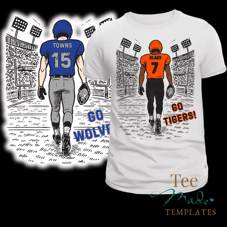 Pu&ograve; includere: Una t-shirt bianca con un'illustrazione grafica di due giocatori di football americano su un campo. Un giocatore indossa una maglia blu con il nome TOWNS e il numero 15, con il testo GO WOLVERINES. L'altro indossa una maglia arancione con BLAKE e 7, con GO TIGERS.