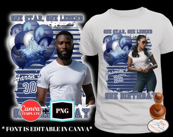 May include: White t-shirt with a blue and white design featuring balloons, a star, and the text "ONE STAR, ONE LEGEND". The shirt also includes the text "Aaron's 30" and "Jasmine's 25". The words "ONE BIRTHDAY" are also visible.