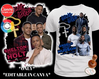 May include: White t-shirt with a graphic featuring multiple portraits and the text "LONG LIVE" in blue. A gold cross and chain are also visible. The design includes the names "ANGELO J-VO HUDSON" and "SHELTON BABY BOY HOLT".