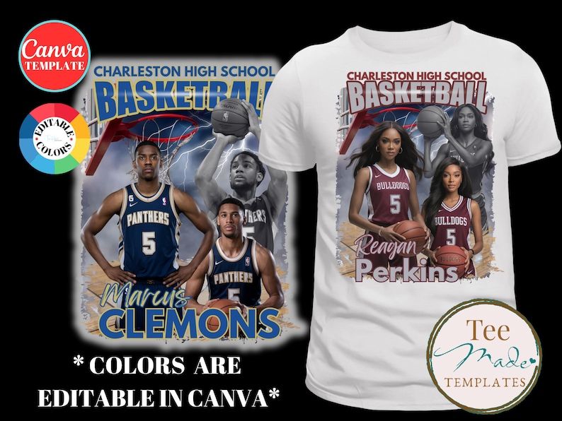 Basketbalshirtontwerp, canvassjabloon, bewerkbare gameday-t-shirt, seniorenavondshirt, gepersonaliseerd T-shirt, sublimatie, DTF, slepen en neerzetten afbeelding 1