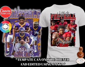 Op de afbeelding: Wit T-shirt met een American football team graphic. Het ontwerp toont een teamfoto met de tekst "Wildcats" in rood en zwart. Het andere ontwerp toont een teamfoto met de tekst "Warriors" in paars en goud.
