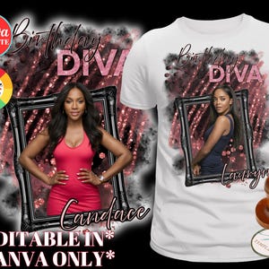 Camiseta de aniversário com foto, Diva de aniversário, PNG e modelo Canva, nome e foto personalizados, sublimação de aniversário de luxo rosa e preto, DTF