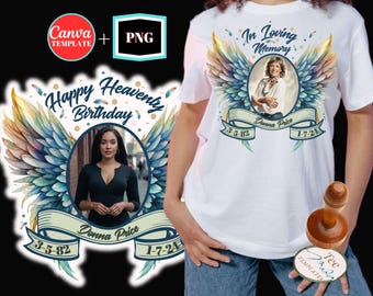 In Memory png, Blue Heavenly Birthday Canva Template, Memorial tshirt Design with Wings, PNG and Canva Template, Sublimation Design, DTF DTG