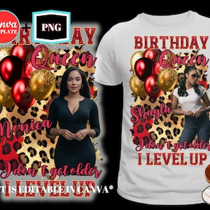 Birthday Shirt with Photo, Birthday Queen, PNG & Canva Template, Personalized Name and Photo, Red Leopard Luxury Bday Sublimation, DTF