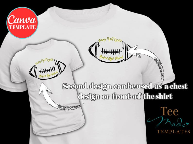 May include: A white t-shirt featuring a black and gold graphic of a football with the text Friday Night Lights and Buford High School. The design includes white arrows pointing to the football graphic on the shirt and the text Second design can be used as a chest design or front of the shirt.