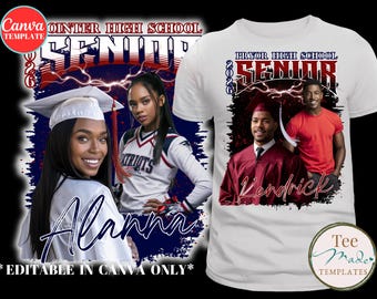 Plantilla de camiseta para estudiantes de último año de 2026, camiseta de graduación DIY, diseño de camiseta con foto, colores editables, plantilla personalizada de Canva, último año, sublimación