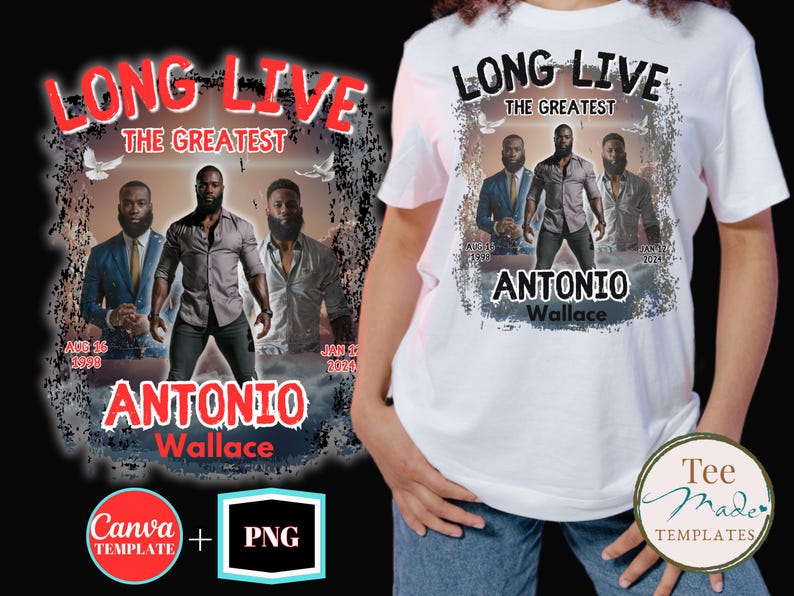 Memorial tshirt Design PNG and Canva Template, In Loving Memory Design, Rest in Peace, Long Live the Greatest, Sublimation Funeral Design image 1