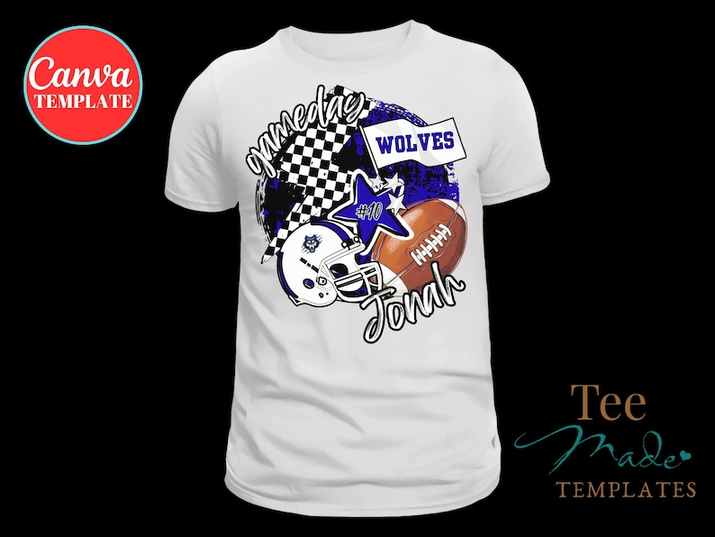 K&ouml;nnte beinhalten: Wei&szlig;es T-Shirt mit einem Football-Motiv. Das Design umfasst einen Football, einen Helm und den Namen "Jonah". Die W&ouml;rter "Gameday" und "Wolves" sind ebenfalls vorhanden, zusammen mit einem Stern und einer Zielflagge. Das T-Shirt hat einen Rundhalsausschnitt.