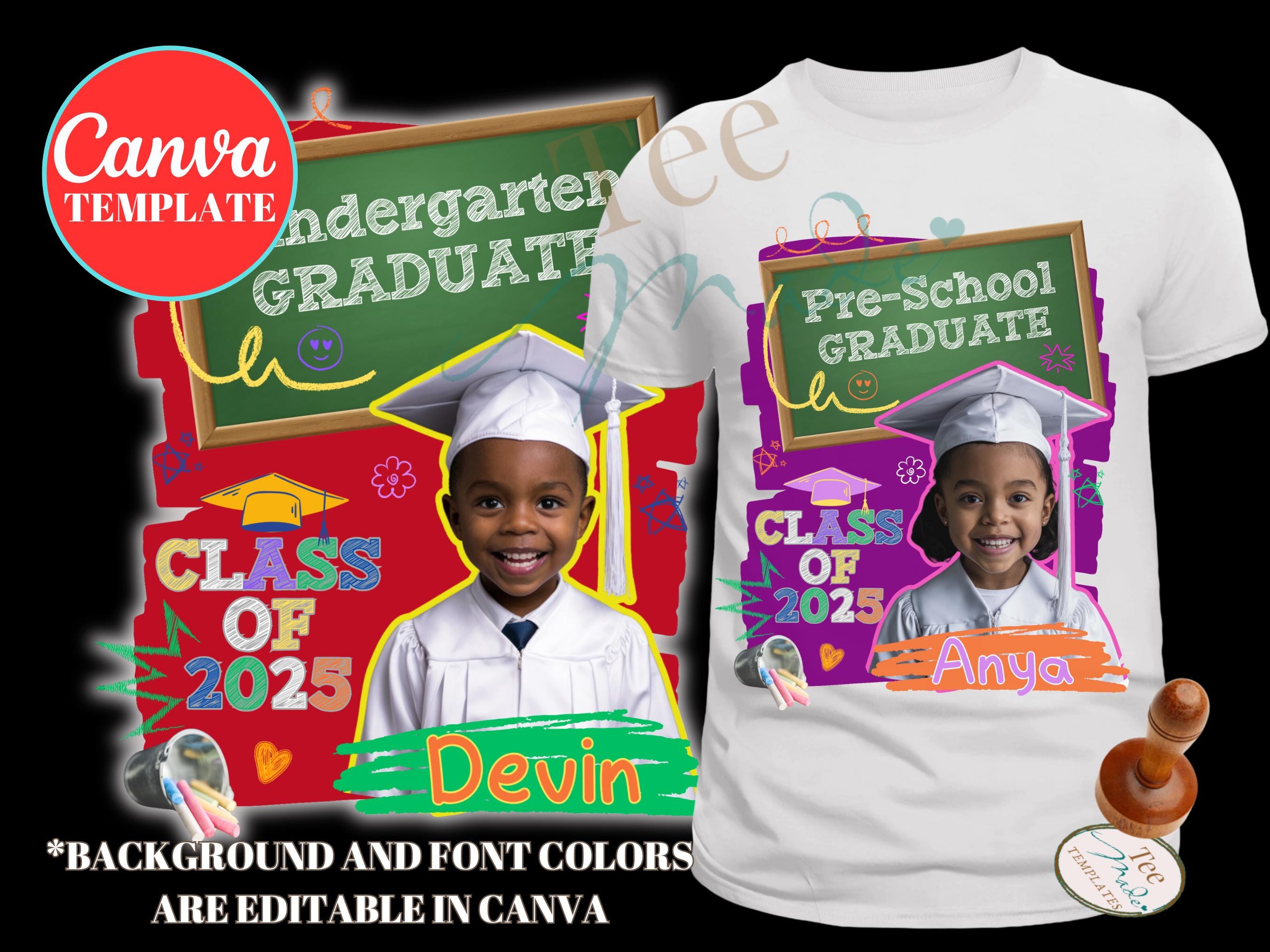 Kindergarten Graduation Shirt Template, Prek, Preschool, Editable Canva Template, 2025 Grad T-shirt, Customize, Sublimation, DIY Shirt