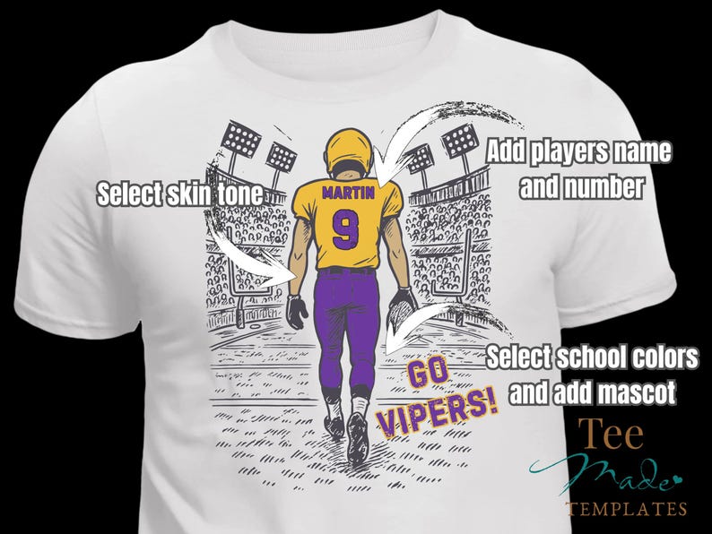 Pu&ograve; includere: Una t-shirt bianca con la grafica di un giocatore di football in maglia gialla e pantaloni viola con il nome MARTIN e il numero 9 sul retro. Il design include i testi: Select skin tone, Add players name and number, e GO VIPERS!
