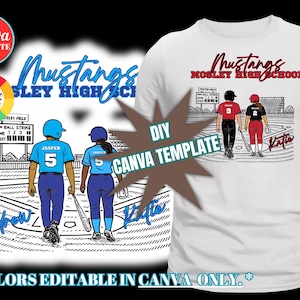 May include: White t-shirt with a baseball-themed graphic. The design includes illustrations of baseball players, a baseball field, and the text "Mustangs Mosley High School." The words "Colors Editable in Canva Only" are also present.