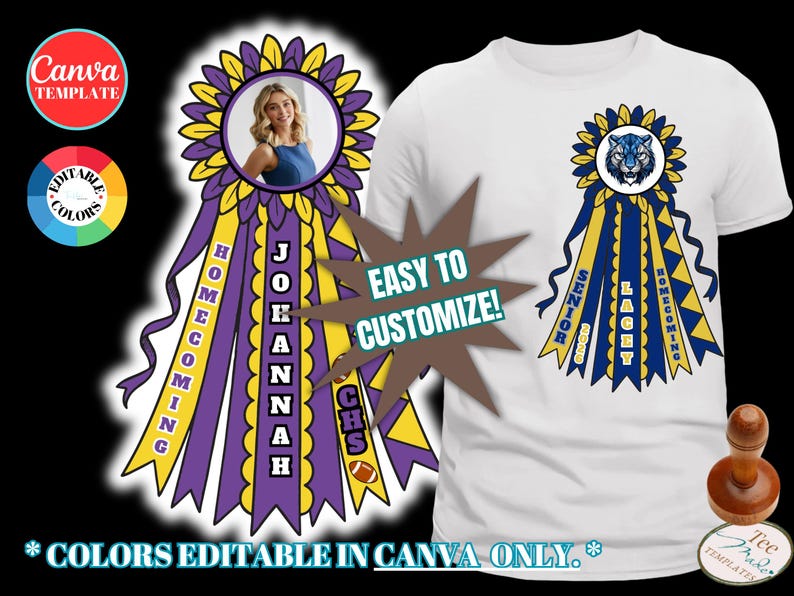 Pu&ograve; includere: Una maglietta bianca con un design a nastro per il ballo di fine anno. Il nastro &egrave; viola, giallo e blu, con le parole "Homecoming", "Senior" e "Johannah". L'immagine include anche il testo "Easy to Customize!"
