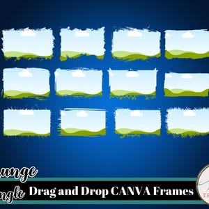 May include: A digital art graphic featuring twelve rectangular frames with a grunge style. Each frame has a blue sky background with a green landscape. The text "Grunge Rectangle Drag and Drop CANVA Frames" is displayed.