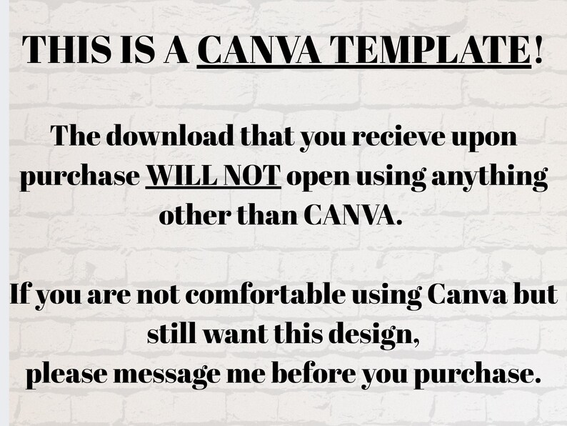 K&ouml;nnte beinhalten: Text auf wei&szlig;em Backsteinhintergrund: "THIS IS A CANVA TEMPLATE!". Erl&auml;uterungen zur Nutzung, dass der Download nur in Canva ge&ouml;ffnet werden kann und Kontakt zum Verk&auml;ufer, falls der Nutzer Canva nicht beherrscht.
