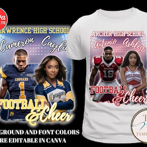 Design per t-shirt da calcio e cheerleading, modello Canva, t-shirt per il giorno della partita modificabile, colori personalizzabili, t-shirt personalizzata per la scuola superiore, stampa a sublimazione.