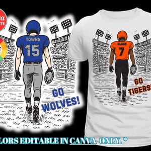 Pu&ograve; includere: Una t-shirt bianca con un'illustrazione grafica di un giocatore di football americano con una maglia arancione con il nome BLAKE e il numero 7, che cammina su un campo da stadio. Il testo GO TIGERS! &egrave; stampato in arancione accanto al giocatore.