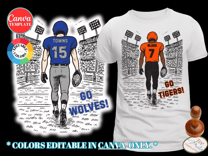 Pu&ograve; includere: Una t-shirt bianca con un'illustrazione grafica di un giocatore di football americano con una maglia arancione con il nome BLAKE e il numero 7, che cammina su un campo da stadio. Il testo GO TIGERS! &egrave; stampato in arancione accanto al giocatore.