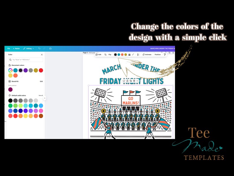 May include: A digital design template with the text "MARCH UNDER THE FRIDAY NIGHT LIGHTS" and "GO MARLINS!". The image shows a marching band in a stadium. The text "Change the colors of the design with a simple click" is also present.