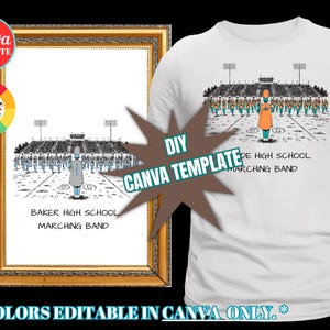 May include: A white t-shirt and a framed print featuring a graphic illustration of a marching band on a football field. The text reads Baker High School Marching Band. The design includes a drum major in an orange uniform facing the band.