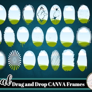 21 plantillas de marcos de Canva, paquete de marcos ovalados desgastados, marcos personalizables de Canva, marcos de fotos de Canva, marcos de arrastrar y soltar, descarga digital