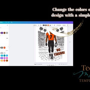 Pu&ograve; includere: Un modello di design digitale che mostra un giocatore di football con una maglia arancione numero 7, pantaloni neri e un pallone, su un campo con luci da stadio. Il testo recita GO TIGERS! e Change the colors of the design with a simple click.