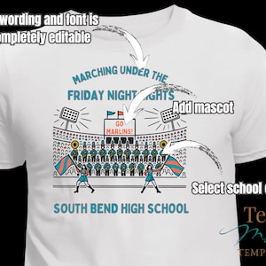 May include: White t-shirt with a graphic design featuring a marching band, stadium lights, and the text "Marching Under The Friday Night Lights." The shirt also includes the text "South Bend High School."