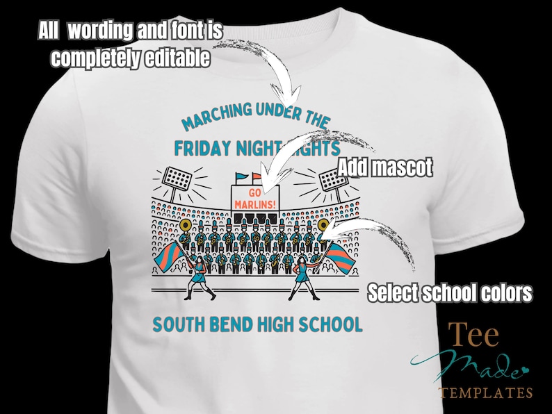 May include: White t-shirt with a graphic design featuring a marching band, stadium lights, and the text "Marching Under The Friday Night Lights." The shirt also includes the text "South Bend High School."