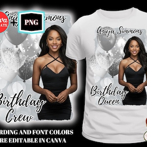 Birthday tshirt Template w/ Balloons, Bday Queen, Bootleg shirt, Canva Template, Custom Bday Crew Design, Changeable Font, Sublimation, DTF