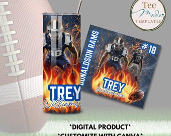 Football Tumbler Wrap Template, Football Flames Photo Tumbler, Football Mom, Personalized Canva Template, Picture Cup, High School Sports