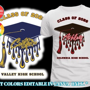以下が含まれることがあります： 卒業帽のグラフィック、テキスト「Class of 2026」と「Ashley」が滴るフォントでデザインされた白いTシャツ。デザインにはタッセルと「Columbia High School」の文字が含まれています。「Class of 2026」と「Cotton」と「Valley High School」が表示された同様のデザイン。