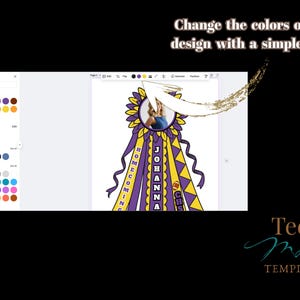 Pu&ograve; includere: Modello digitale per una decorazione per il ballo scolastico. Il design presenta un girasole, nastri e il testo "HOMECOMING" e "JOHANNA CHS". &Egrave; presente anche il testo "Cambia i colori del design con un semplice clic".