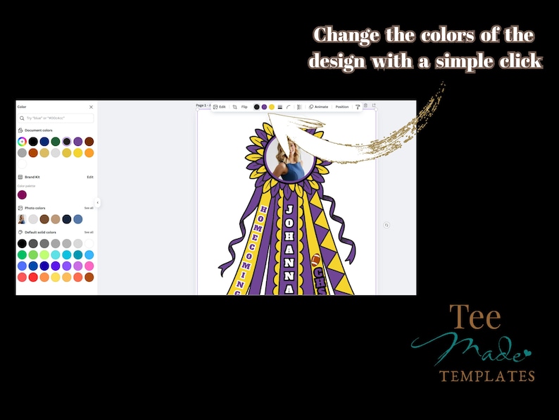 Pu&ograve; includere: Modello digitale per una decorazione per il ballo scolastico. Il design presenta un girasole, nastri e il testo "HOMECOMING" e "JOHANNA CHS". &Egrave; presente anche il testo "Cambia i colori del design con un semplice clic".