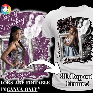 3D Geburtstag Tshirt Vorlage w / Ballons, alles Gute zum Geburtstag, Canva Vorlage, Foto hinzufügen, DIY Custom Design, veränderbare Farben, Sublimation, DTF