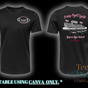 May include: A black short-sleeve t-shirt featuring a white football graphic on the front chest with the text Friday Night Lights and Oxford High School. The back displays a stadium illustration with the text Friday Night Lights, Oxford High School, and Red Raiders.