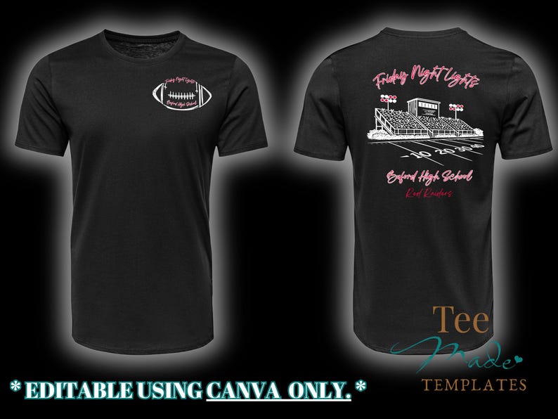 May include: A black short-sleeve t-shirt featuring a white football graphic on the front chest with the text Friday Night Lights and Oxford High School. The back displays a stadium illustration with the text Friday Night Lights, Oxford High School, and Red Raiders.