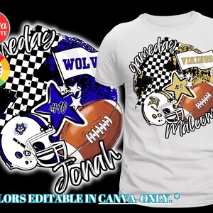 K&ouml;nnte beinhalten: Wei&szlig;es T-Shirt mit einem Football-Design, einschlie&szlig;lich des Wortes "Gameday" und Football-Grafiken. Das Design zeigt einen Football, einen Helm und die Namen "Jonah" und "Malcom". Der Text "COLORS EDITABLE IN CANVA ONLY" ist ebenfalls vorhanden.